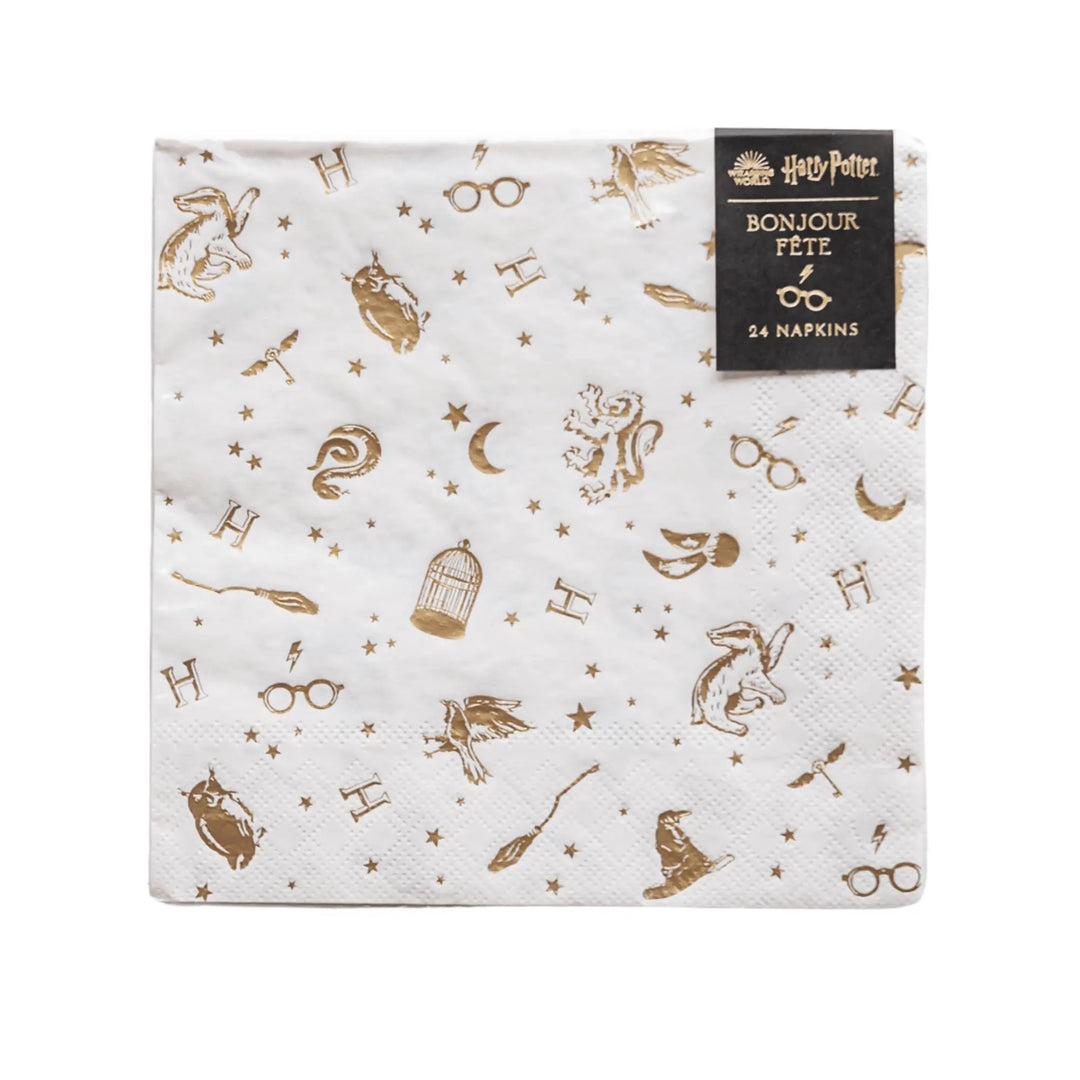 Harry Potter Party Napkins - Officially Licensed Wizard Birthday Party Supplies - White & Gold Foil Hogwarts Napkins - Pack of 24 - Jolie Fete UK