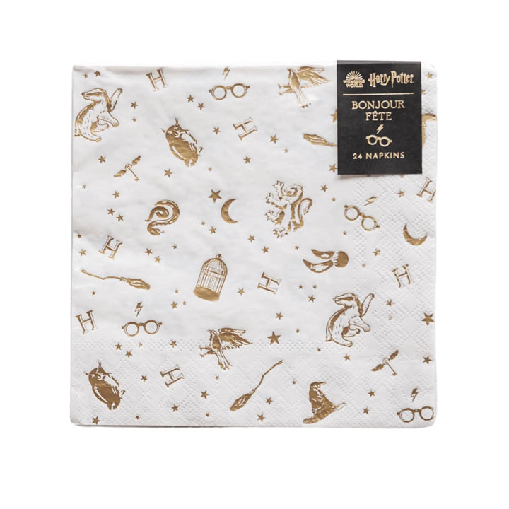 Harry Potter Party Napkins - Officially Licensed Wizard Birthday Party Supplies - White & Gold Foil Hogwarts Napkins - Pack of 24 - Jolie Fete UK