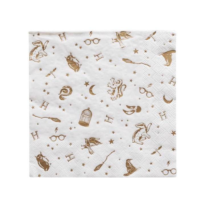 Harry Potter Party Napkins - Officially Licensed Wizard Birthday Party Supplies - White & Gold Foil Hogwarts Napkins - Pack of 24 - Jolie Fete UK