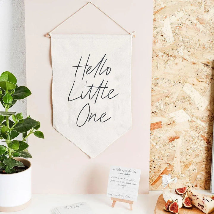 Hello Little One Canvas Banner & 20 Note Cards - Baby Shower Guest Book Alternative - Nursery Wall Hanging - Gender Neutral Keepsake - Jolie Fete UK