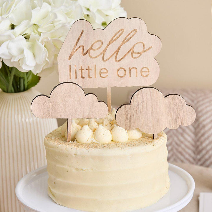 Hello Little One Wooden Cake Topper Set - Neutral Baby Shower Decor - Cloud Cake Toppers - Boho Baby Shower - Natural Wood - 3 Piece Set - Jolie Fete UK