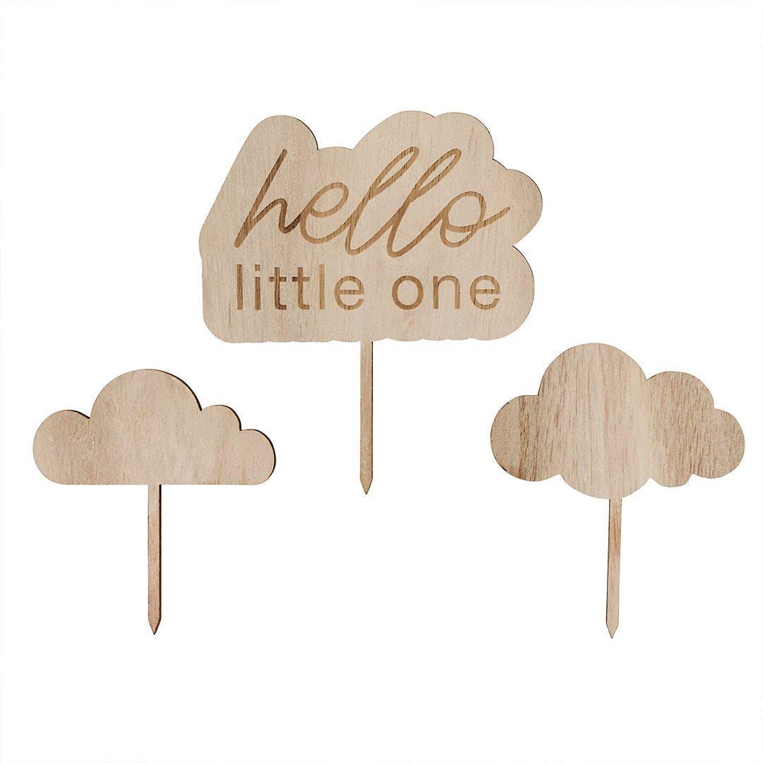 Hello Little One Wooden Cake Topper Set - Neutral Baby Shower Decor - Cloud Cake Toppers - Boho Baby Shower - Natural Wood - 3 Piece Set - Jolie Fete UK