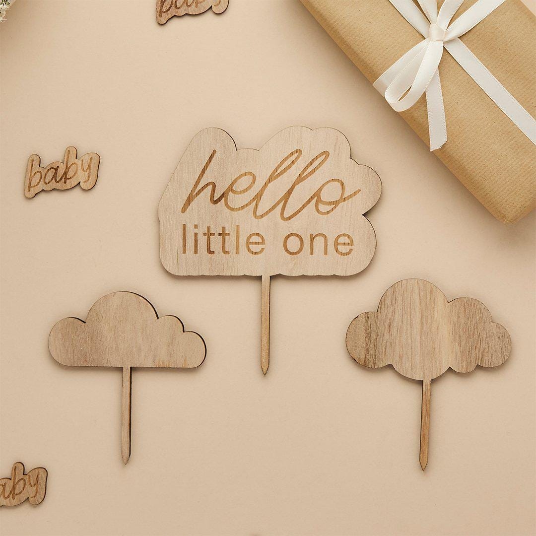 Hello Little One Wooden Cake Topper Set - Neutral Baby Shower Decor - Cloud Cake Toppers - Boho Baby Shower - Natural Wood - 3 Piece Set - Jolie Fete UK