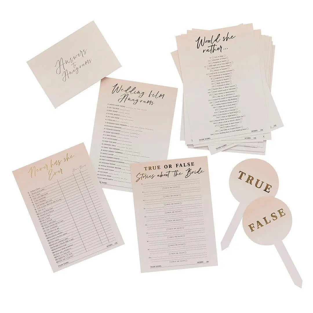 Hen Party Game Pack - Set of 4 Trivia Games -Icebreaker Hen Do Activities-Would She Rather, Never Have I Ever, Bride Stories-Bride Tribe Fun - Jolie Fete UK