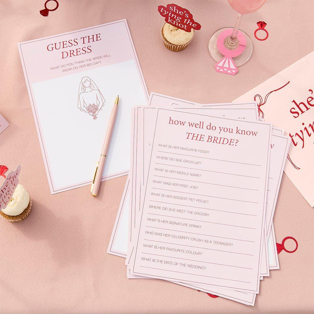 Hen Party Games - Pink & Red Activity Cards - Guess The Dress And How Well Do You Know The Bride Quiz - Bridal Shower Ideas - Pack of 12 - Jolie Fete UK