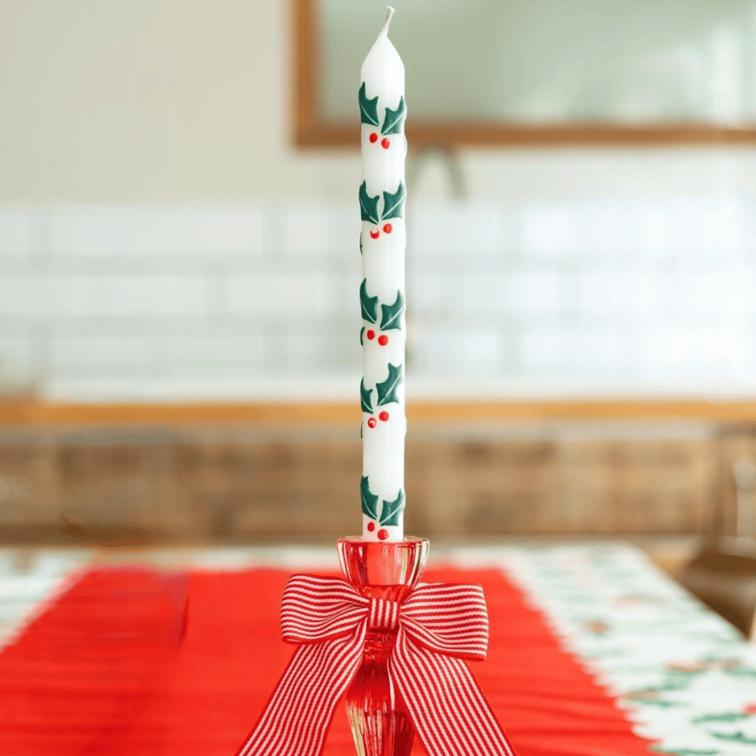 Holly Christmas Dinner Candles - Hand Decorated Christmas Table Candles - Christmas Decorations -Christmas Gifts -Stocking Fillers-Pack Of 2 - Jolie Fete UK