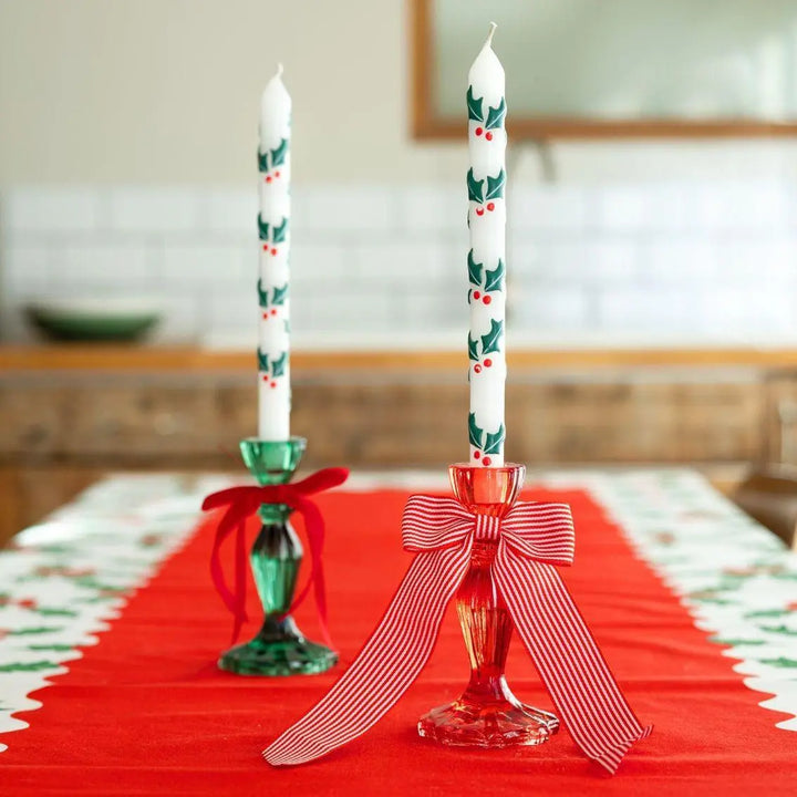 Holly Christmas Dinner Candles - Hand Decorated Christmas Table Candles - Christmas Decorations -Christmas Gifts -Stocking Fillers-Pack Of 2 - Jolie Fete UK