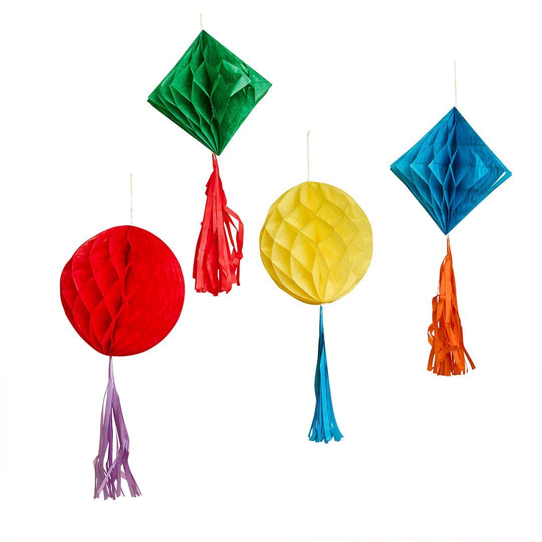 Honeycomb Party Decorations - Rainbow Paper Pom Poms - Kids Birthday Hanging Decor - Geometric Ceiling Garlands - Tissue Paper Tassels Pack - Jolie Fete UK