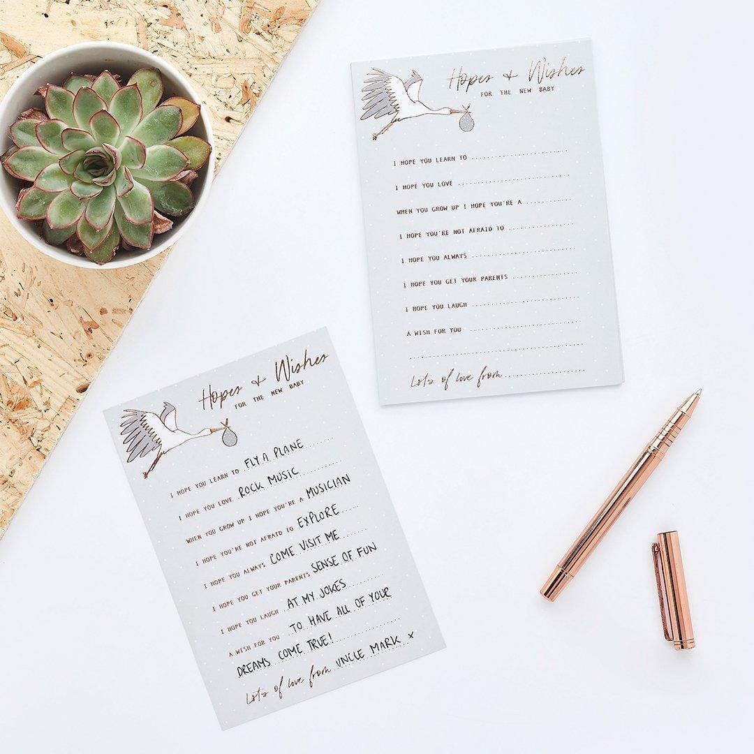 Hopes and Wishes Baby Shower Cards - Guest Activity - Stork Theme Advice Cards - Rose Gold Gender Neutral Keepsake - Pack Of 10 - Jolie Fete UK