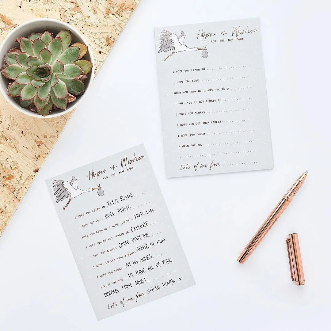 Hopes and Wishes Baby Shower Cards - Guest Activity - Stork Theme Advice Cards - Rose Gold Gender Neutral Keepsake - Pack Of 10 - Jolie Fete UK