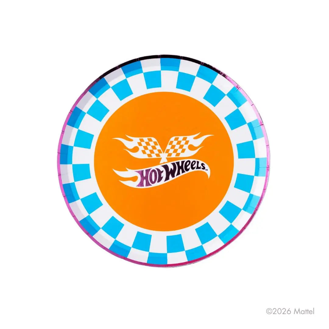 Hot Wheels Blue Checker Plates - Race Car Birthday Party Small Plates - Racing Theme Tableware - Boys Birthday Party Supplies - Pack of 8 - Jolie Fete UK
