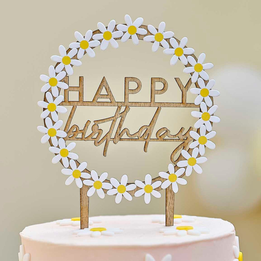Wooden Happy Birthday Cake Topper with Daisies - Ditsy Daisy - Ginger Ray - Jolie Fete UK