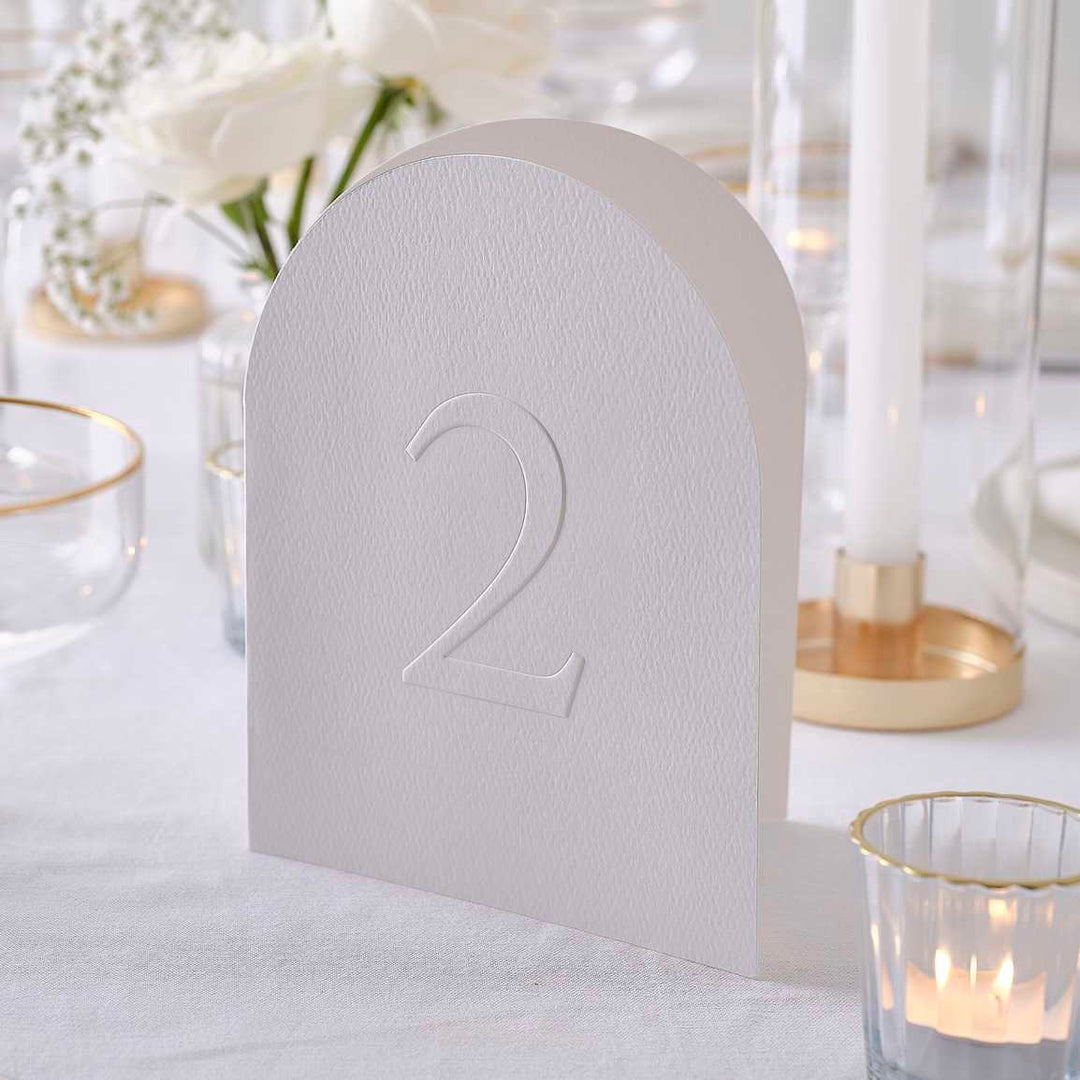 White Embossed Card Table Numbers - White Wedding Tables Numbers 1-12 - White Wedding Table Decor - Modern Luxe Textured Wedding Supplies - Jolie Fete UK