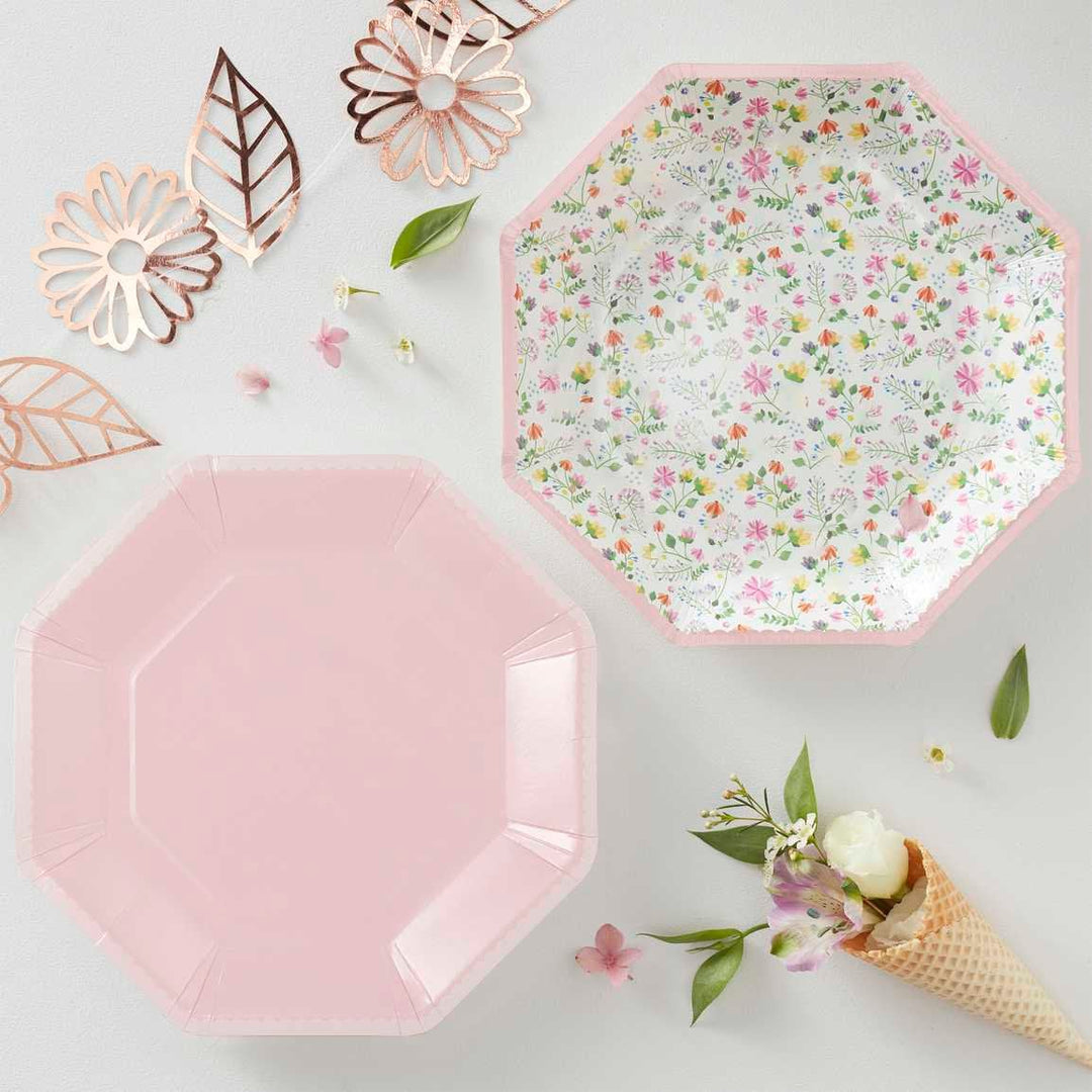 Pink Floral Plates - Rose Gold Floral & Plain Pink Paper Plates - Birthday Party Table - Baby Shower Decor - Ditsy Floral - Pack Of 8 - Jolie Fete UK