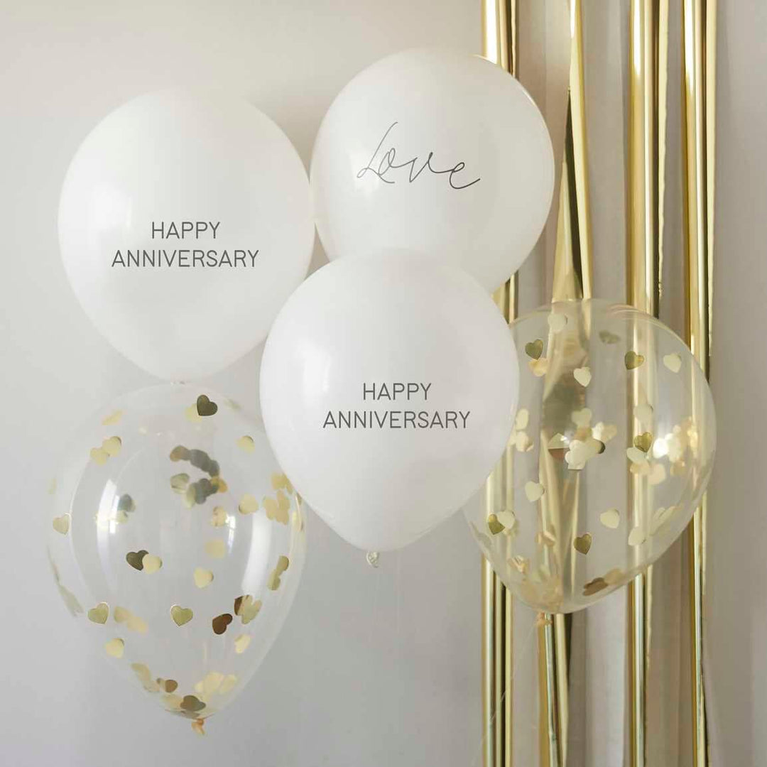 White And Gold Happy Anniversary Balloons - Anniversary Party Decor - Confetti Balloons - Anniversary Party Decorations - Pack Of 5 - Jolie Fete UK