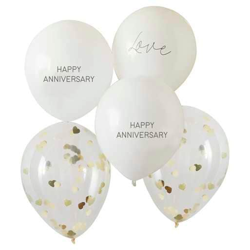 White And Gold Happy Anniversary Balloons - Anniversary Party Decor - Confetti Balloons - Anniversary Party Decorations - Pack Of 5 - Jolie Fete UK