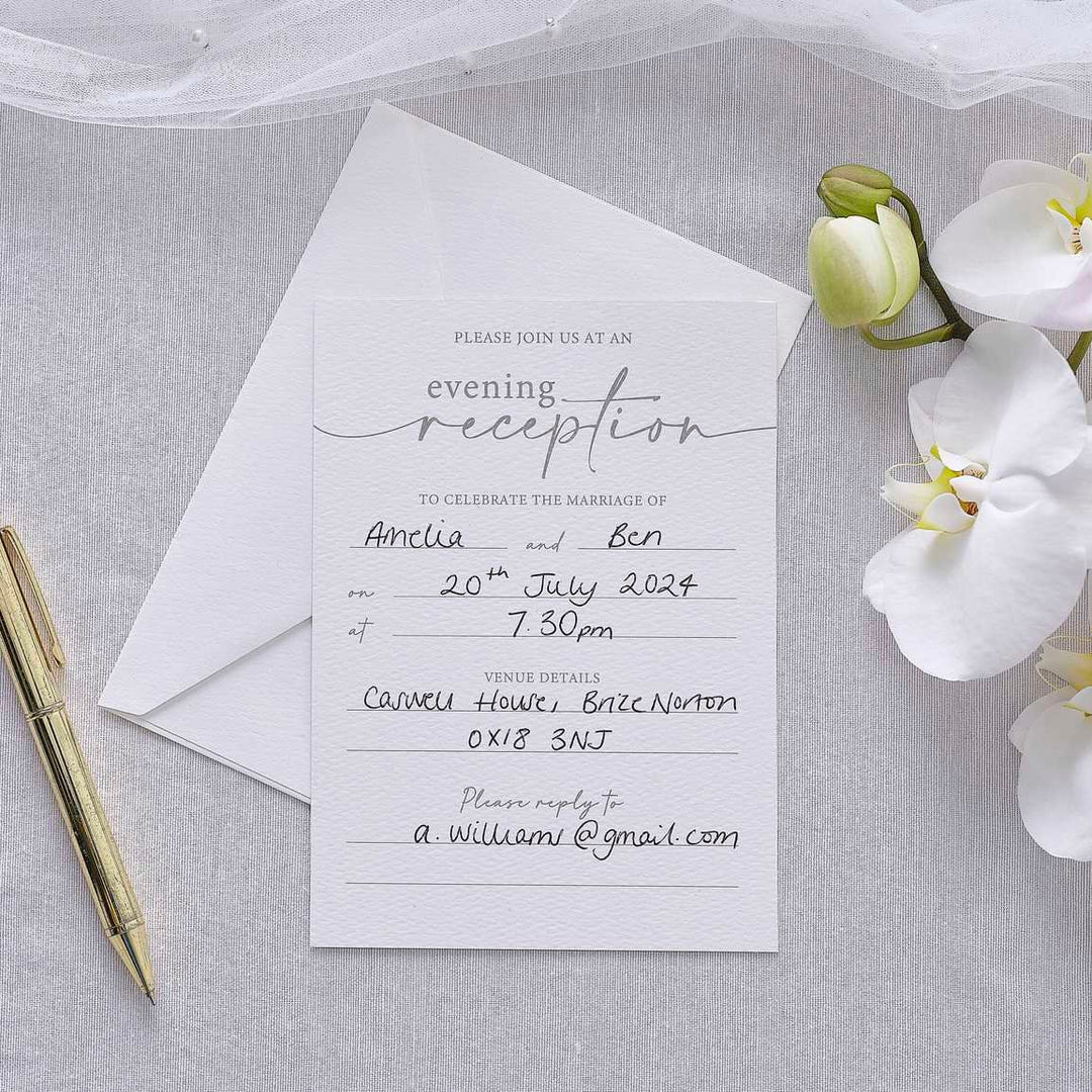 Evening Wedding Reception Invitations - White & Grey Wedding Party Invites And Envelopes - Modern Luxe Textured Wedding Supplies -Pack Of 10 - Jolie Fete UK