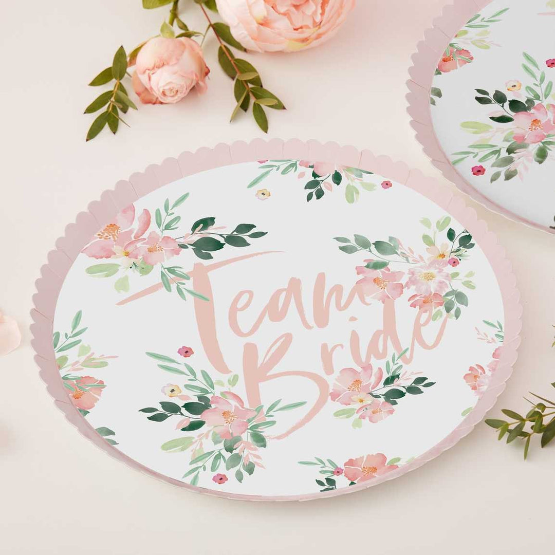 Team Bride Pink Floral Paper Plates - Pink And Rose Gold Hen Party Plates - Team Hen Plates - Floral Hen Party - Hen Party Decor - Pack Of 8 - Jolie Fete UK