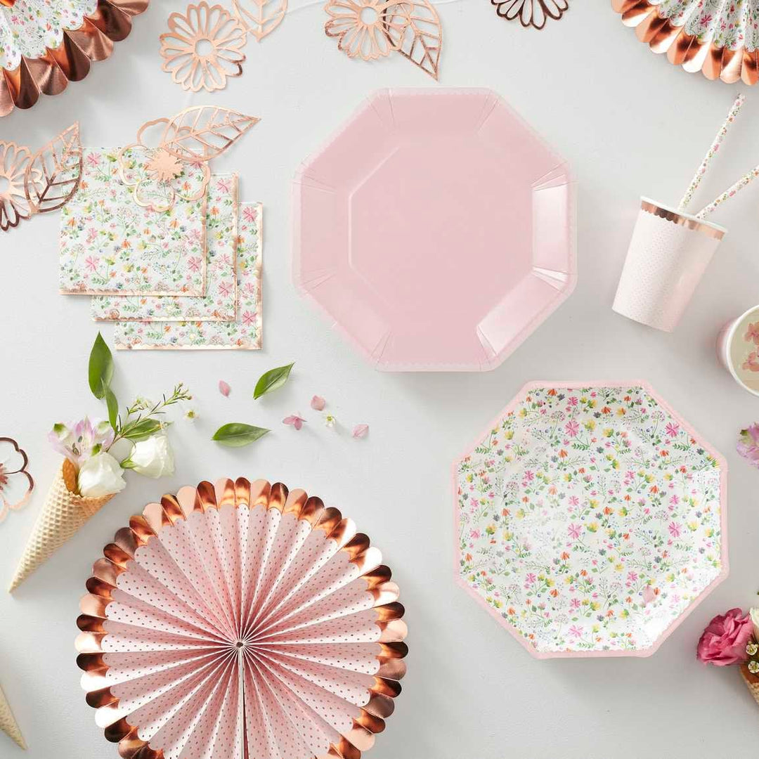 Pink Floral Plates - Rose Gold Floral & Plain Pink Paper Plates - Birthday Party Table - Baby Shower Decor - Ditsy Floral - Pack Of 8 - Jolie Fete UK