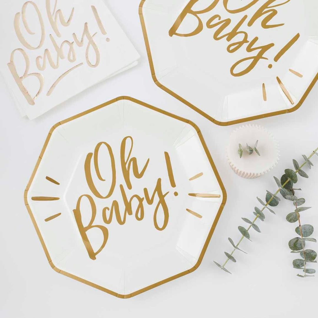 White And Gold Oh Baby Paper Plates - Oh Baby Baby Shower Decor - Baby Shower Tableware - Foil Free Tableware - Pack Of 8 - Jolie Fete UK