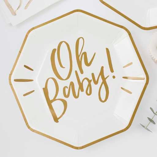 White And Gold Oh Baby Paper Plates - Oh Baby Baby Shower Decor - Baby Shower Tableware - Foil Free Tableware - Pack Of 8 - Jolie Fete UK