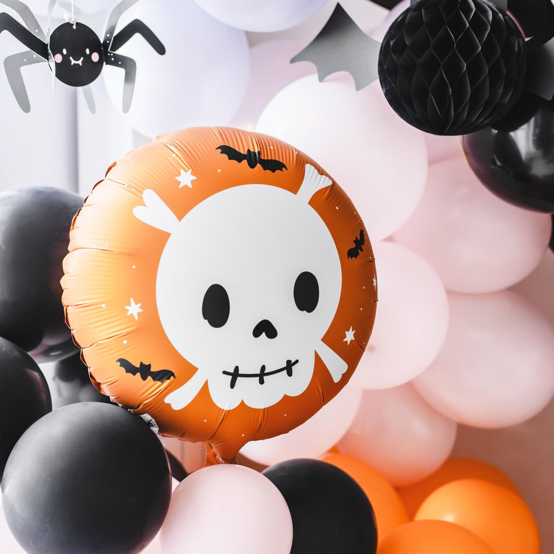 Skull Balloon - Round Orange & White Skull Helium Balloon - Halloween Balloons - Kids Halloween Party - Foil Balloons - Black Bat Balloons - Jolie Fete UK