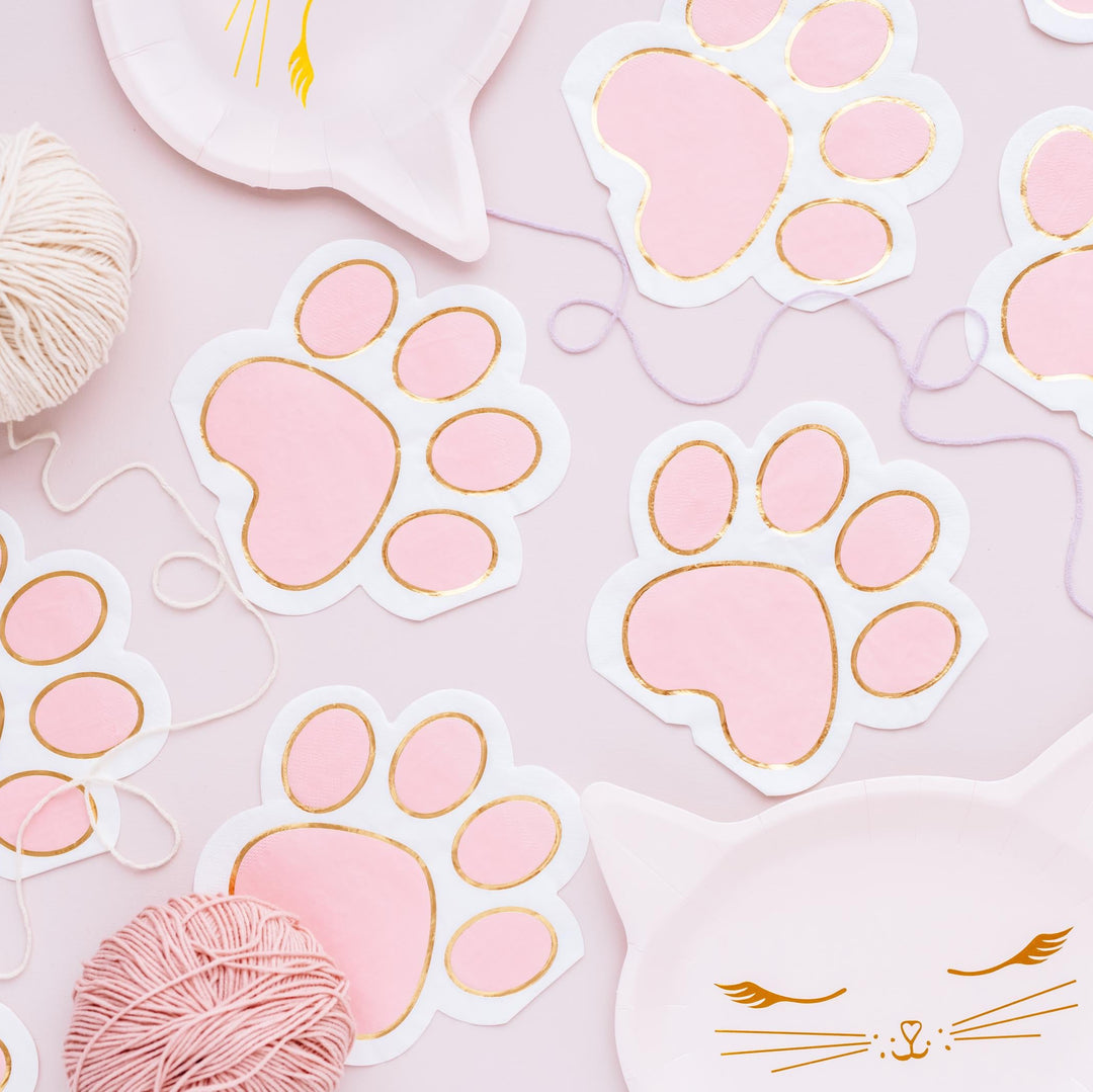 Cat Paw Print Napkins - Pink and White Cat Paper Napkins - Meow Party - Birthday Party Tableware - Pack of 12 - Jolie Fete UK