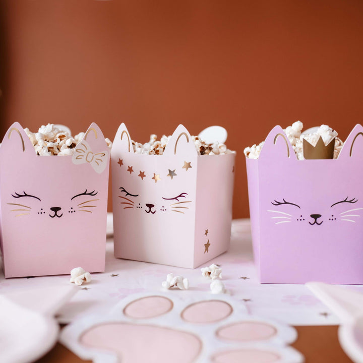 Cat Popcorn Boxes - Pink Snack Boxes - Cat Birthday Decorations - Birthday Party Tableware - Pastel Candy Box - Treat Boxes - Pack of 3 - Jolie Fete UK