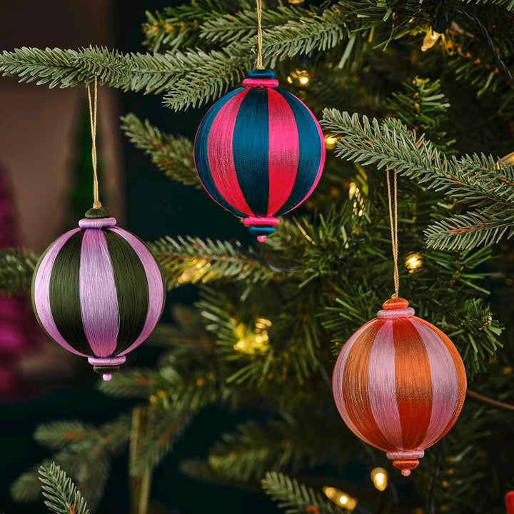 Satin Christmas Tree Hanging Decoration - Green and Purple Striped Satin Christmas Bauble - Individual Tree Decorations -Holiday Decor - Jolie Fete UK