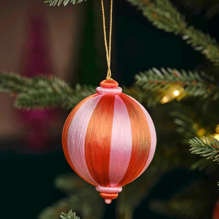 Satin Christmas Tree Hanging Decoration - Pink and Orange Striped Satin Christmas Bauble - Individual Tree Decorations -Holiday Decor - Jolie Fete UK