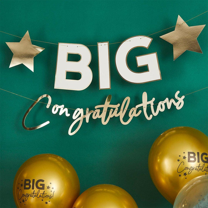 Big Congratulations Banner - White & Gold Congratulations Banner - Congratulations Bunting With Gold Stars - 2.5m x 2 - Jolie Fete UK