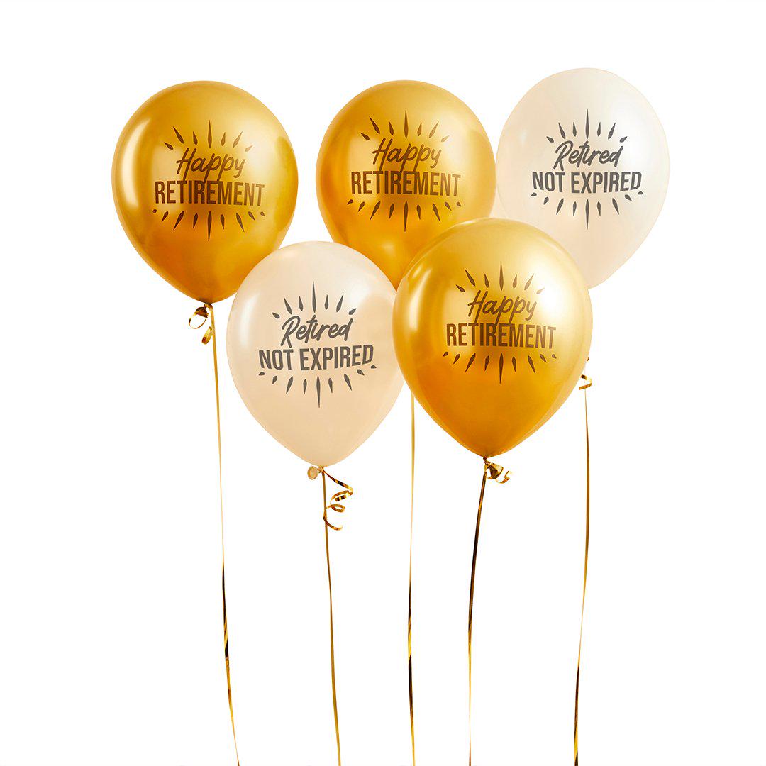 Happy Retirement Balloons - Cream & Gold Round Retirement Balloon Bundle - Retired Not Expired - Pack Of 5 - Jolie Fete UK