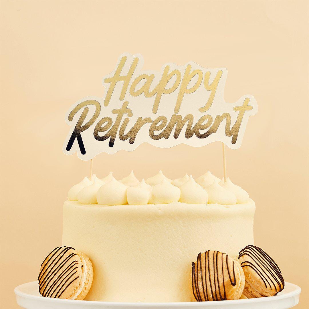 Happy Retirement Cake Topper - White & Gold Farewell Party Cake Decoration - Retirement Party - Goodbye Tension Hello Pension - Jolie Fete UK