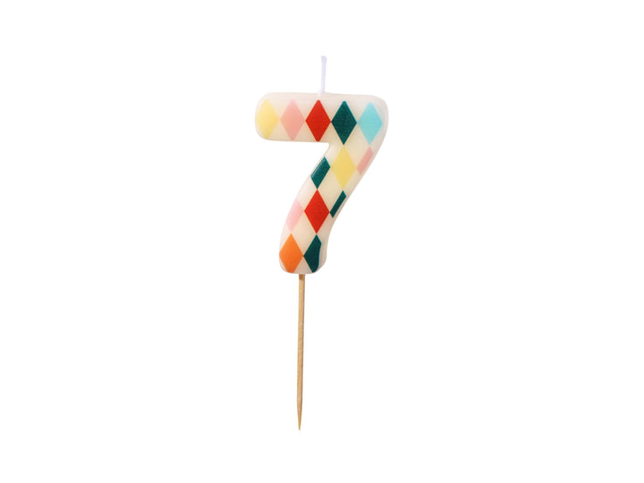 Cake Candle 7 - Rainbow Candles - Number 7 Birthday Cake Candle - Circus Party - Diamond Design - Harlequin Pattern-Kids Party-Multicoloured - Jolie Fete UK