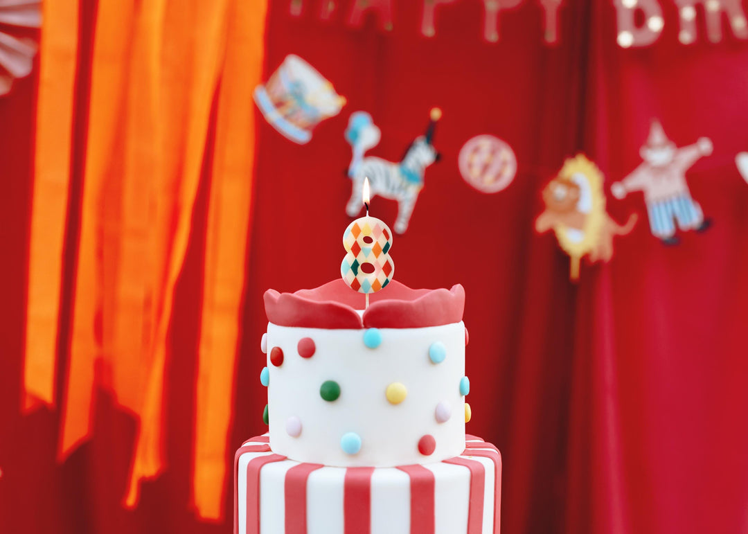 Cake Candle 8 - Rainbow Candles - Number 8 Birthday Cake Candle - Circus Party - Diamond Design - Harlequin Pattern-Kids Party-Multicoloured - Jolie Fete UK