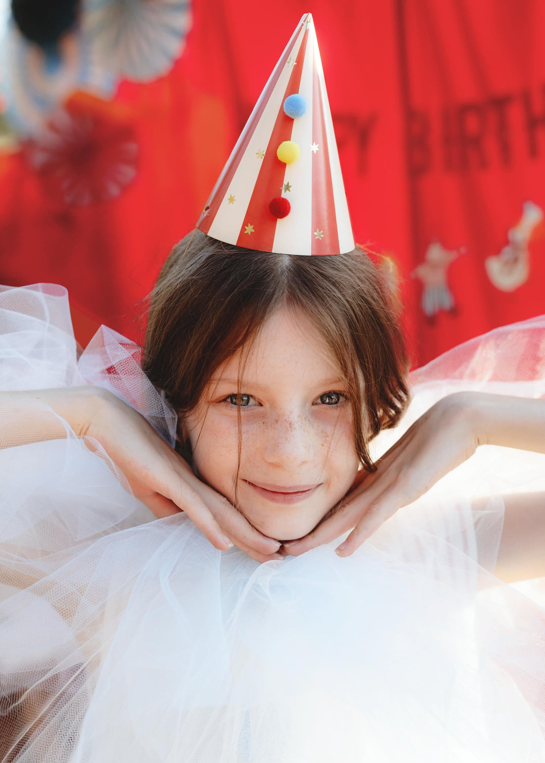 Party Hats with Pom Poms - Striped Paper Party Hats - Circus Party - Multicolour Pack - Birthday Party Supplies -Photo Booth Props-Pack of 6 - Jolie Fete UK