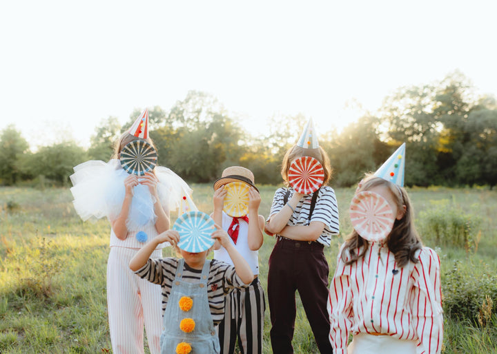 Party Hats with Pom Poms - Striped Paper Party Hats - Circus Party - Multicolour Pack - Birthday Party Supplies -Photo Booth Props-Pack of 6 - Jolie Fete UK