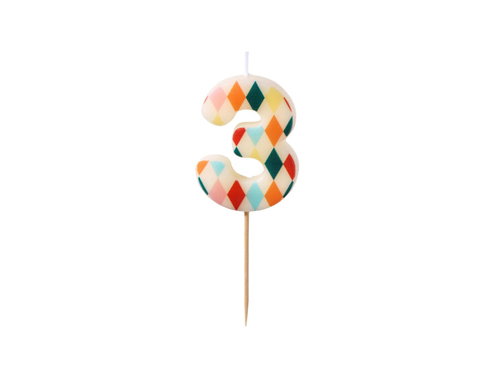 Cake Candle 3 - Rainbow Candles - Number 3 Birthday Cake Candle - Circus Party - Diamond Design - Harlequin Pattern-Kids Party-Multicoloured - Jolie Fete UK