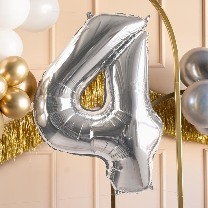 Silver Number 4 Balloon - Large Silver Foil 4 balloon - Birthday Balloon - Party Decorations - 72cm Balloon - 30" Balloon - Jolie Fete UK