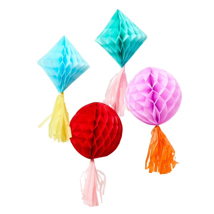 Honeycomb Decorations - Bright Honeycombs With Tassels - Colourful Birthday - Birthday Party Decorations - Rainbow Party Decor - Pack Of 4 - Jolie Fete UK