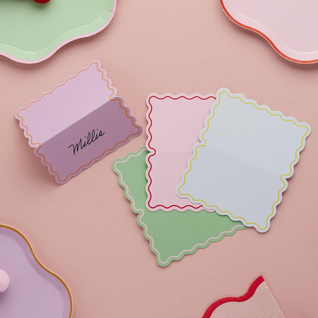 Bright Place Cards - Scalloped Edge Party Table Place Cards - Colourful Birthday - Birthday Party Decorations -Rainbow Party Decor-Pack Of 8 - Jolie Fete UK