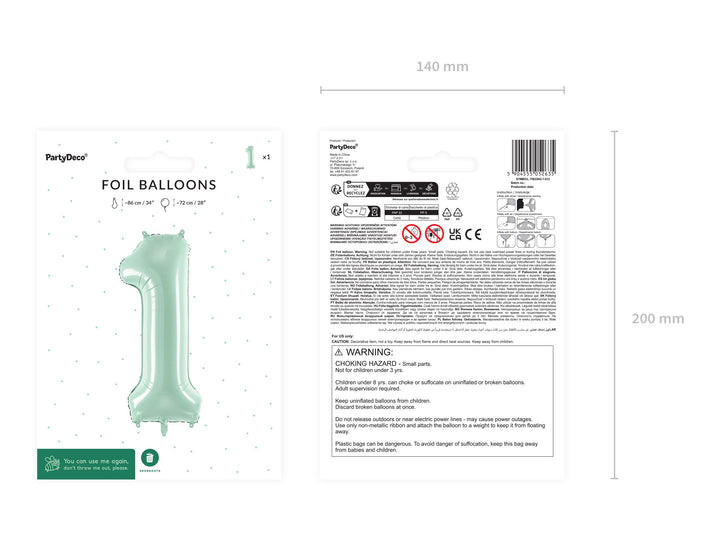 Pastel Green Number 1 Balloon - Large Light Mint Green Foil 1 balloon - Birthday Balloon - Party Decorations - 72cm Balloon - 30" Balloon - Jolie Fete UK