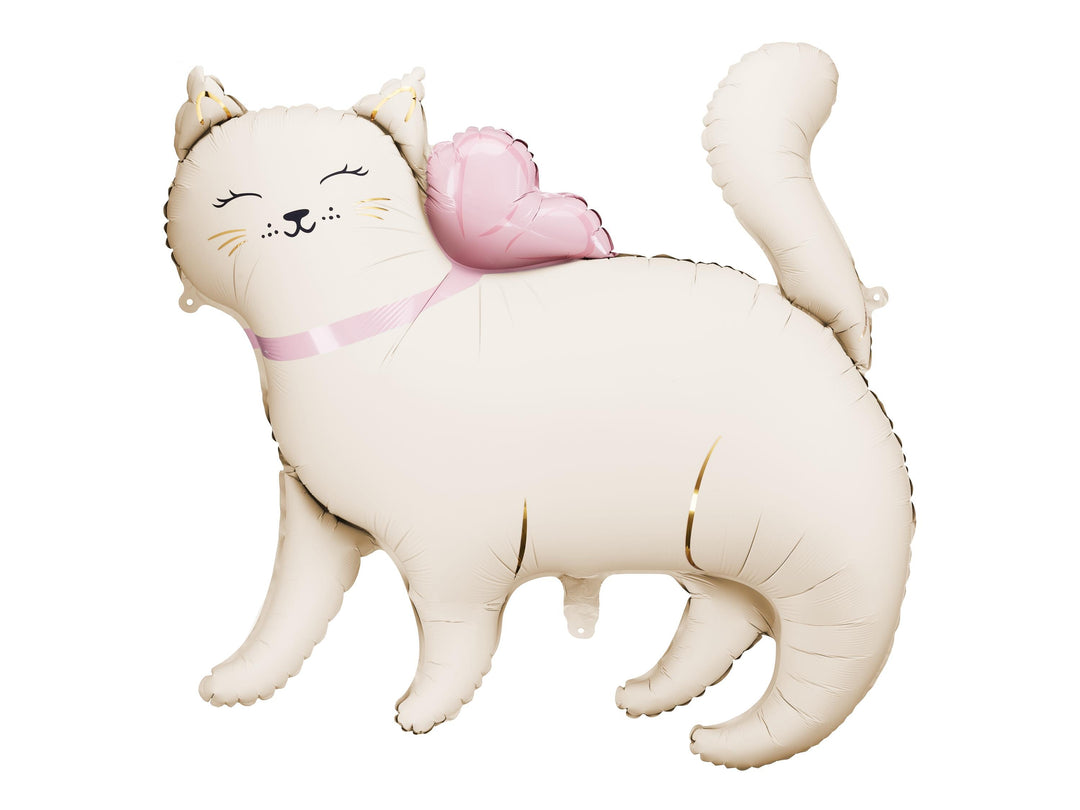 Cat Balloon - Large Cream Cat Foil Balloon - Kitten Party Balloons - Meow Party - Cute Kitty Cat Helium Balloon - Cream & Pink Balloon - Jolie Fete UK