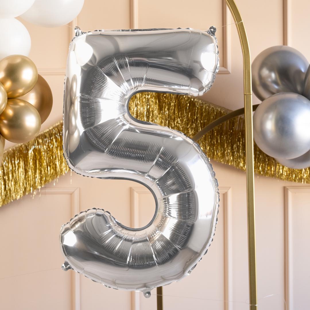 Silver Number 5 Balloon - Large Silver Foil 5 balloon - Birthday Balloon - Party Decorations - 72cm Balloon - 30" Balloon - Jolie Fete UK