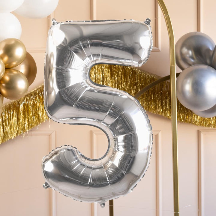 Silver Number 5 Balloon - Large Silver Foil 5 balloon - Birthday Balloon - Party Decorations - 72cm Balloon - 30" Balloon - Jolie Fete UK