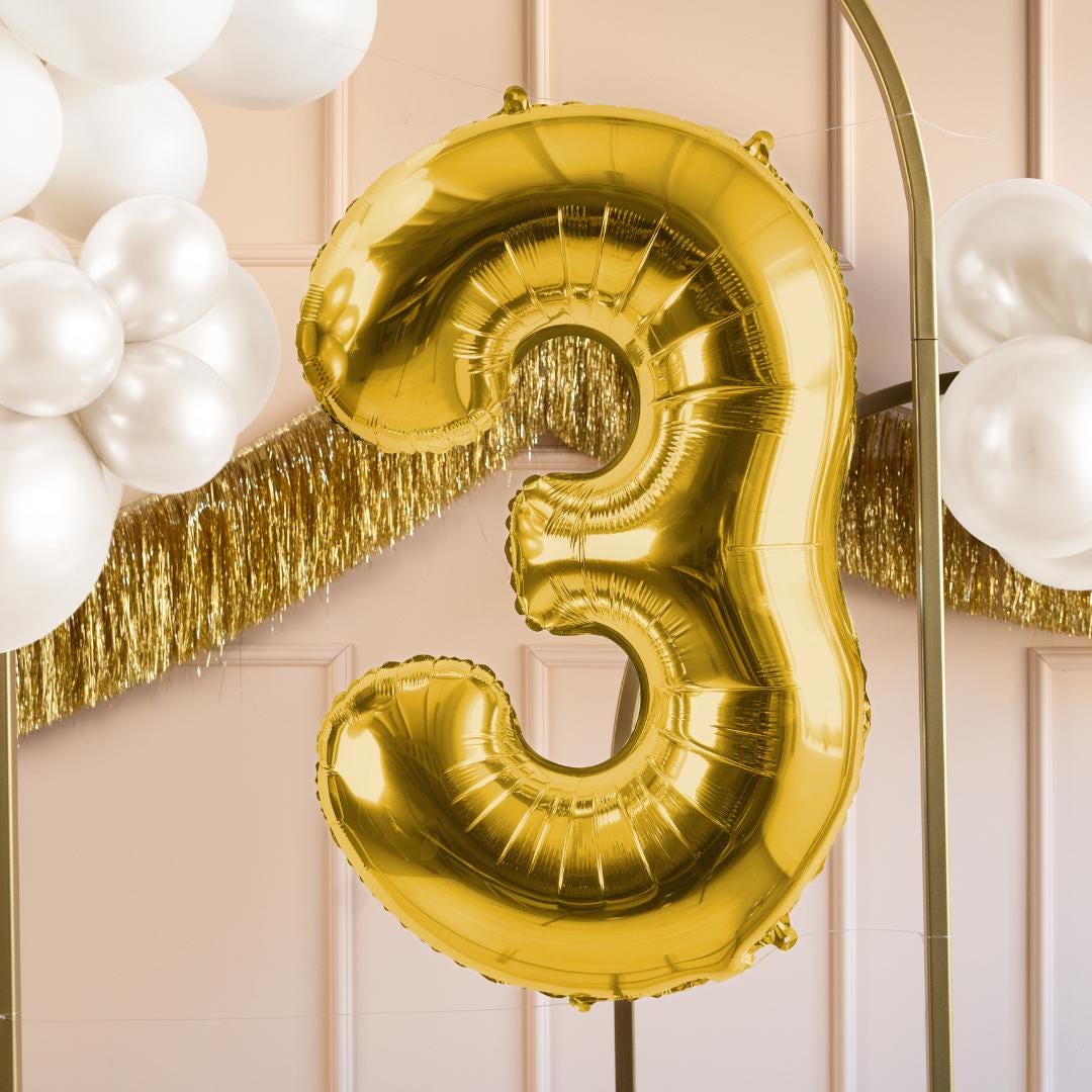 Gold Number 3 Balloon - Large Gold Foil 3 balloon - Birthday Balloon - Party Decorations - 72cm Balloon - 30" Balloon - Jolie Fete UK