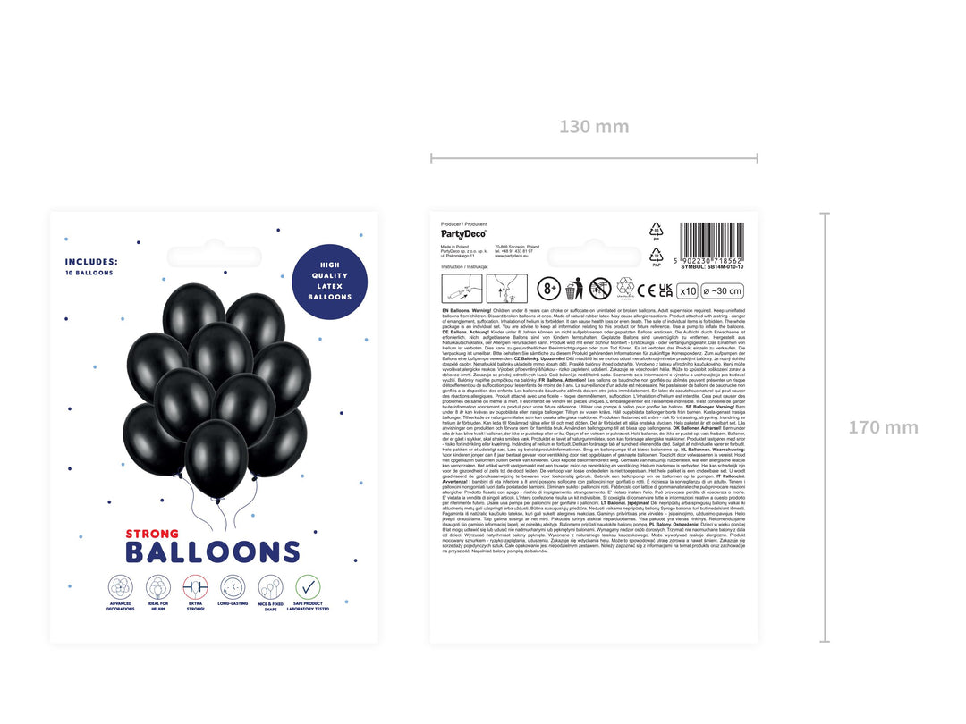 10 x Metallic Black 12" Strong Round Latex Balloons - Black Colour - Shiny Finish - Birthday Party Balloons - Halloween Decorations - Jolie Fete UK