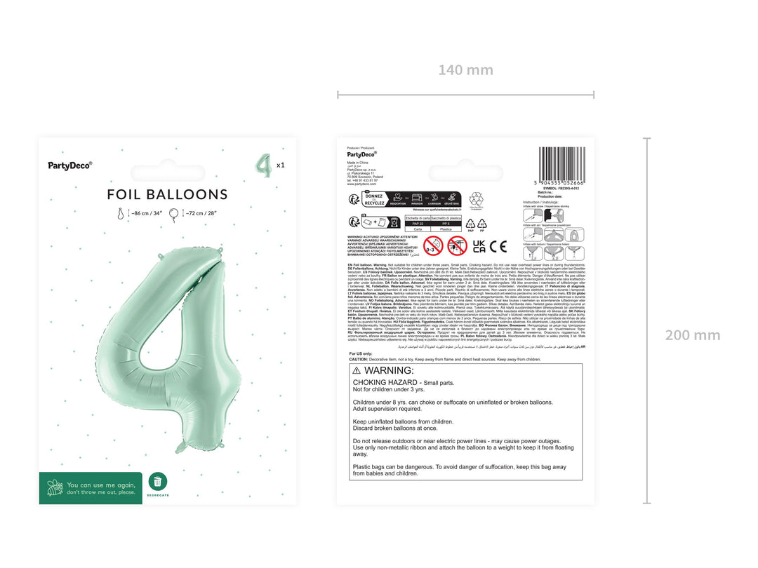 Pastel Green Number 4 Balloon - Large Light Mint Green Foil 4 balloon - Birthday Balloon - Party Decorations - 72cm Balloon - 30" Balloon - Jolie Fete UK