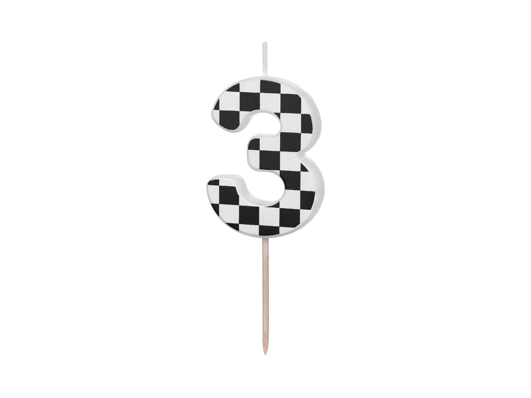 Cake Candle 3 - Checkered Flag Candle - Number 3 Birthday Cake Candle - Racing Car Party - Black & White Candle - Kids Party Decorations - Jolie Fete UK