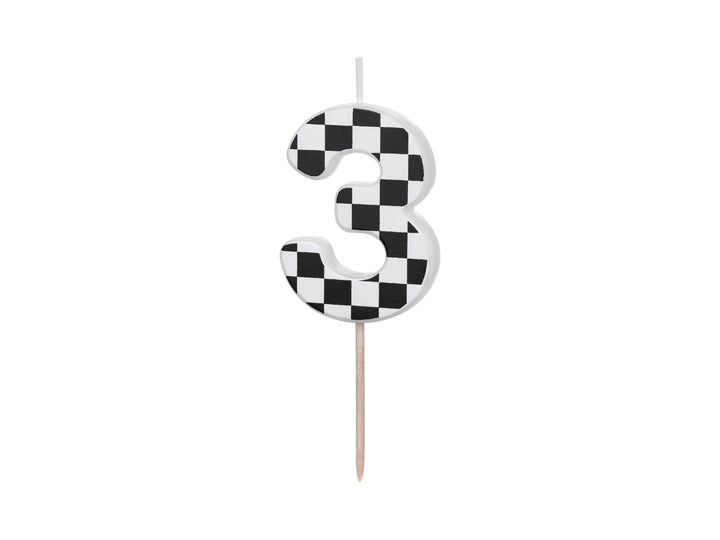 Cake Candle 3 - Checkered Flag Candle - Number 3 Birthday Cake Candle - Racing Car Party - Black & White Candle - Kids Party Decorations - Jolie Fete UK